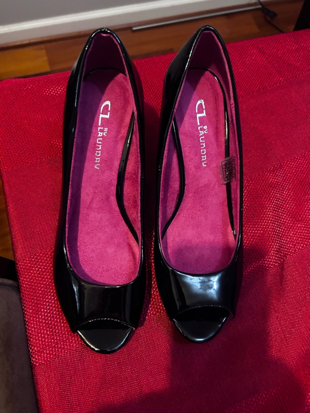 CL by Laundry Black Patent Peep-Toe Heels with Pink Insole size 9